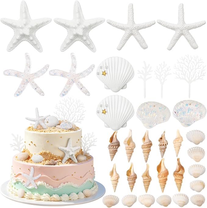33 Pcs Ocean Cake Decorations, Starfish Sea Shell Cake Topper Coral Cake Topper, Summer Beach Theme Under the Sea Party decorations