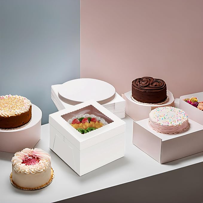 40Pack 10 Inch Cake Boxes With Cake Boards (20 boxes & 20 boards), White Paper Cake Boxes for Transporting Fathers Day Baking Cakes and Gifting 10x10x8