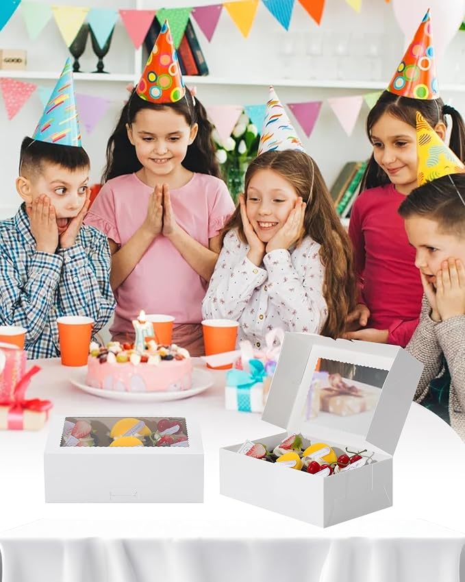 COTOPHER 10Pcs Cookie Boxes with Ribbons, 9x6x3 Inch Bakery Boxes with Window, White Treat Containers for Pastries, Chocolate Covered Strawberries, Dessert, Easter Candy, Muffins, Donuts