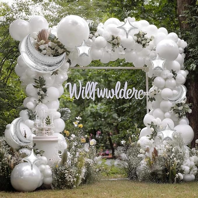 White Balloons Arch Double Stuffed Pearl White Star Moon Balloon Garland Different Sizes Cream Ivory Balloons for Birthday Baptism Bridal Baby Shower Christmas Wedding Prom Galaxy Party Decorations