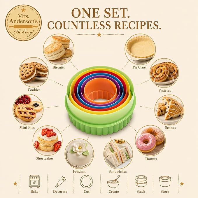 Mrs. Anderson’s Baking Double-Sided Graduated Cookie Biscuit Cutters, BPA-Free, Round, Set of 6 Graduated Sizes