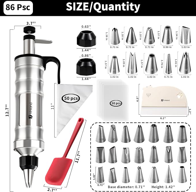Dessert Decorating Syringe Set icing piping kit Stainless Steel frosting piping kit with 31 professional piping tips 50 disposable piping bags 1 silicone spatula 1 set of soft cake scrapers (Black)