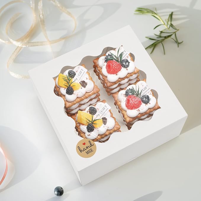 Eupako Auto-popup 10x10x5 Cake Boxes with Window, 24pcs Quick Fold White Bakery Boxes, Easy Assemble Gift Box for Pies, Cookies, Pastries, Chocolates, Party, Wedding