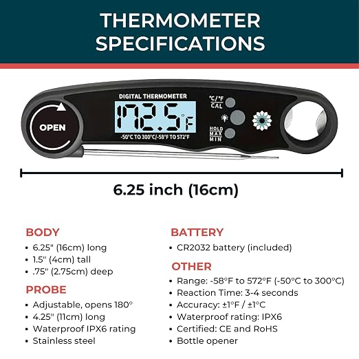 Cathy Yoder's Meat Thermometer Digital, Instant Read Food Thermometer for Cooking in Air Fryer Oven, BBQ, Grill & Baking. Measure Internal Temperatures Probe Easy Display Kitchen Grilling Accessories