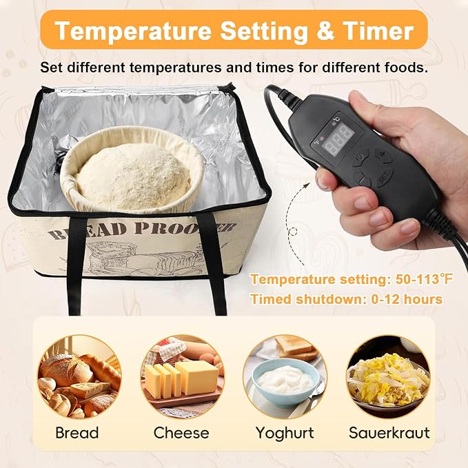 Dough Proofer with Heater丨50°F-113°F Temperature Control, Sourdough Bread Making Tools Kit, Foldable Design/Zippered Window, for Sourdough, Homemade Pizza, Fermented Foods