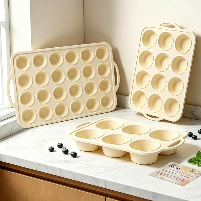 Silicone Muffin Pan Set：3Pcs Silicone Cupcake Molds for Baking Metal Frame - Nonstick Jumbo Muffin Pan - Mini Cupcake Tin - Regular Tray For English Blueberry Chocolate Egg Bites - Baker Lovers