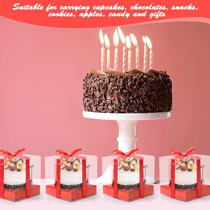 12 Pack Clear Plastic Cupcake Boxes, 3.5 Inch Gold Single Cupcake Containers Disposable Individual Cup Cake Carrier Holder Boxes with Inserts and Ribbon (Red)