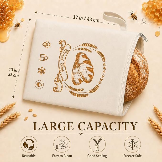 2 Pack Beeswax Bread Bags for Sourdough Homemade Bread, XL Cotton Lining Sourdough Reusable Organic Linen Beeswax Bread Bag with Zip to Keep Fresh and Upgraded Large Capacity Portable-17 x 13 Inches