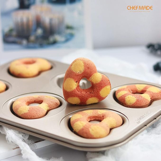 CHEFMADE Donut Mold Cake Pan, 6-Cavity Non-Stick Heart-Shaped Doughnut Bakeware for Oven Baking (Champagne Gold)
