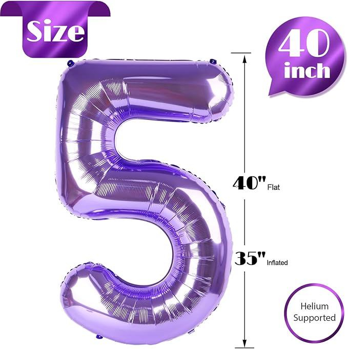 Purple Number 5 Balloon 40 Inch, 5th Birthday Party Decorations for Children, Giant 5 Foil Balloon for Party Supplies