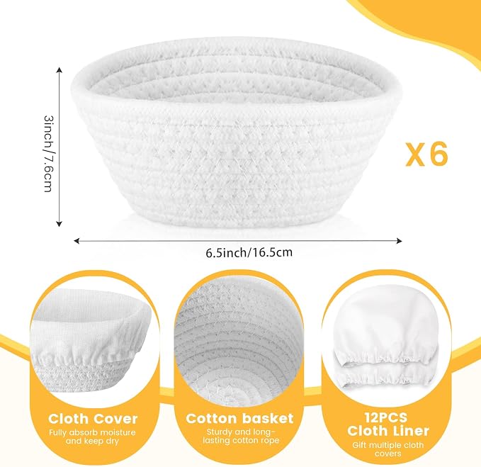 Honeydak 6 Pcs Cotton Rope Banneton Bread Proofing Basket Sets Round Sourdough Bowls with Two Liners for Artisan Sourdough Bread Making Handmade Kitchen Professionals(6.5",White)