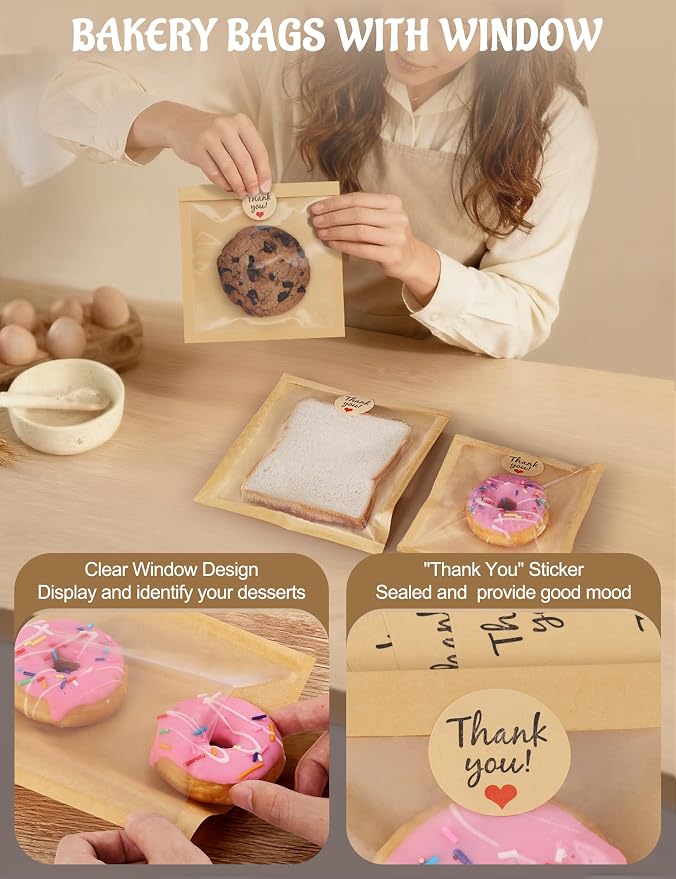 FireKylin 200 Pack Cookie Bags with Heat Sealing, 5.7 x 6.5 Inch Bakery Bags with Window, Grease Resistant Cookie Packing for Treats, Baked Goods, Bagel, Cake Slice, Sandwich (5.7"x6.5"-200pcs)