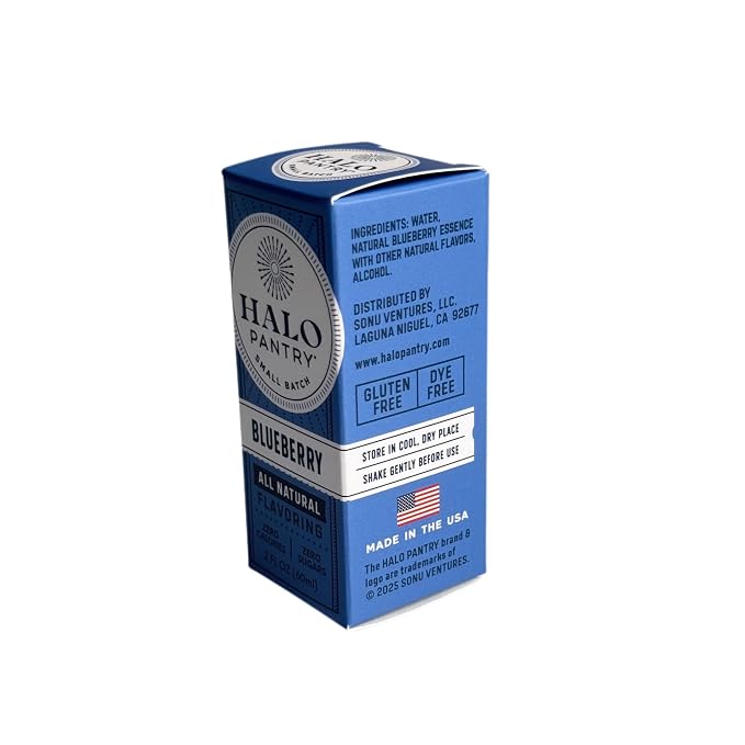 Natural BLUEBERRY Flavoring Extract by HALO PANTRY (2oz bottle) | Water-Soluble, Dye-Free/Colorless, Gluten-Free, Dairy Free, Zero Sugars, NO Sweeteners, NO Calories | Perfect for customizing ANY baking, candy, dessert or drink recipes