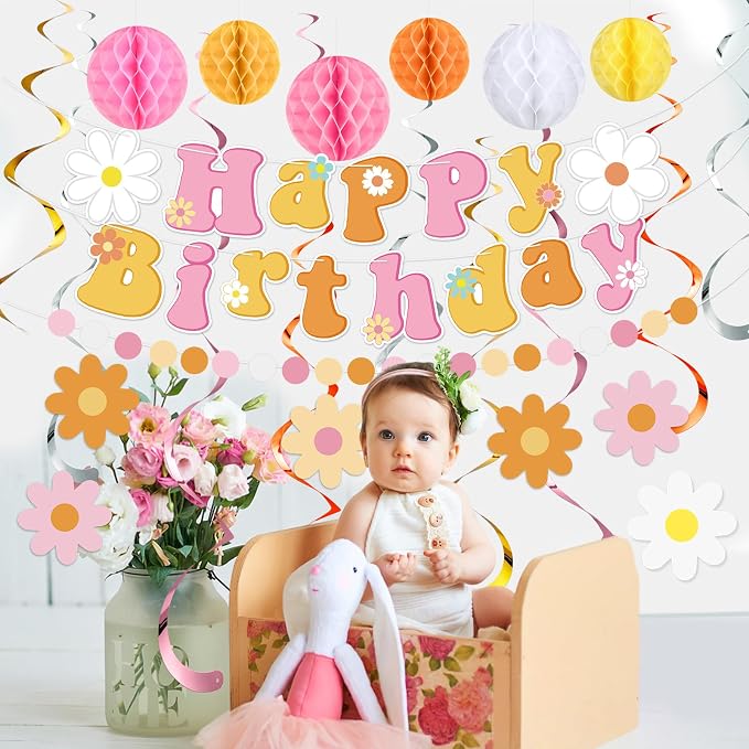 Pasimy Groovy Party Decorations Daisy Birthday Banner Garland Boho Flower Happy Birthday Decor Retro Hippie Hanging Swirls Streamer Groovy Honeycomb Balls Dot Garland Banner for Boho Party Supplies