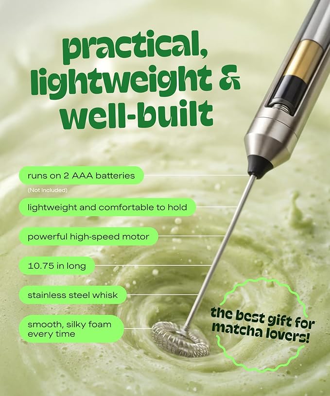 Matcha DNA Handheld Milk Frother Wand. Stainless Steel Electric Matcha Whisk, Lightweight. Hand Mixer for Coffee, Matcha Lattes, Protein Shakes & Drinks. Battery Operated Milk Frother Handheld Whisk