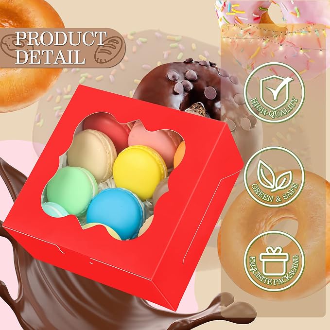 KPOSIYA 65PCS Bakery Boxes with Window 6x6x3 Inches 5 Style Cookie Boxes Small Pastry Boxes for Candy, Dessert, Pastry, Donuts, Birthday Party, Wedding(Red)