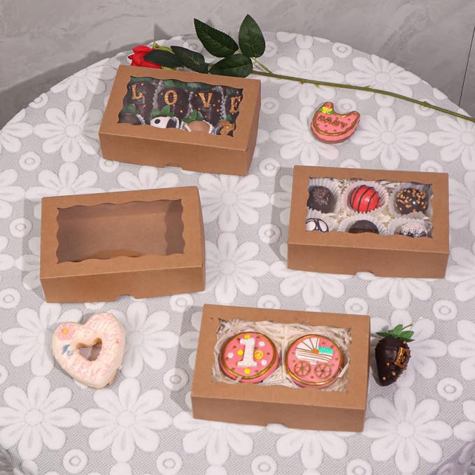 ROSPAKTEK 100pcs 7x4.3x2 Inches Brown Bakery Boxes with Window for Cookies, Macarons, Chocolate Covered Strawberries, and More