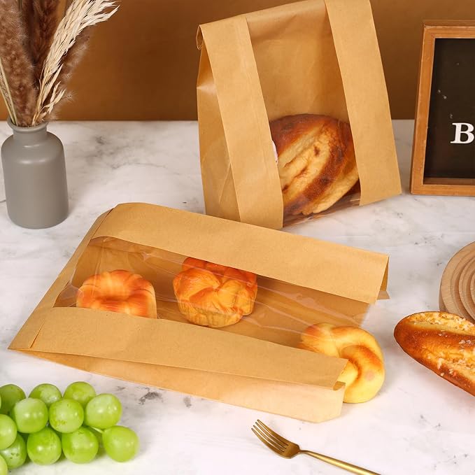Moretoes Sourdough Paper Bread Bags, 25 Packs With Window for Homemade Baked Food Packaging Storage, Includes Label Seal Stickers (13.7x8.3x3.5 Inch)
