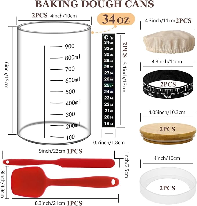2Pcs Sourdough Starter Kit, 34 OZ Sourdough Starter Jar with Date Marked Feeding Band, Thermometer, Cloth Cover & Metal Lid, Reusable Sourdough Bread Baking Supplies, Home Baking Supplies (2)