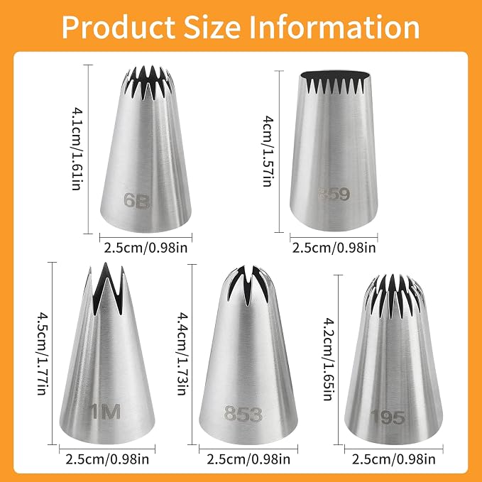 5 PCS Large Piping Tips Set, Cake Decorating Tips, Stainless Steel Frosting Icing Tip Baking Tools for Cupcakes, Cookie, Cake Decorating (Dishwasher Safe) ﻿
