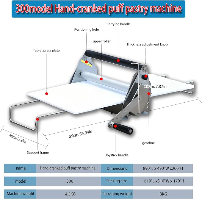 Commercial Dough Sheeter Laminated Dough Sheeter Fondant Flattener Pastry Sheeter Countertop Pizza Pasta Press Machine Professional Bakery Equipment Model300