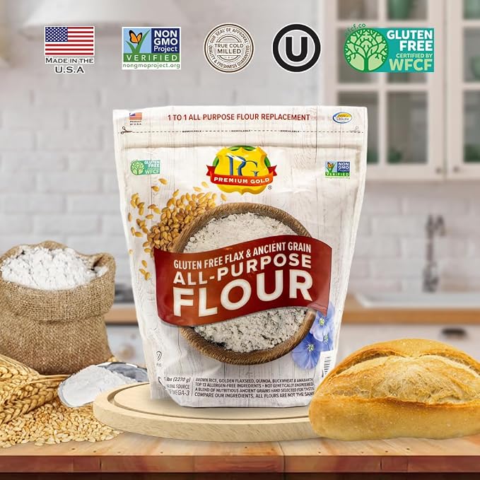 Premium Gold Gluten Free All Purpose Flour, 5 Pound, Gluten-Free, Non-GMO, Kosher, High In Fiber, Source of Omega-3, Plant-Based Protein, No Preservatives, No Additives, Ideal for Beverages & Baking