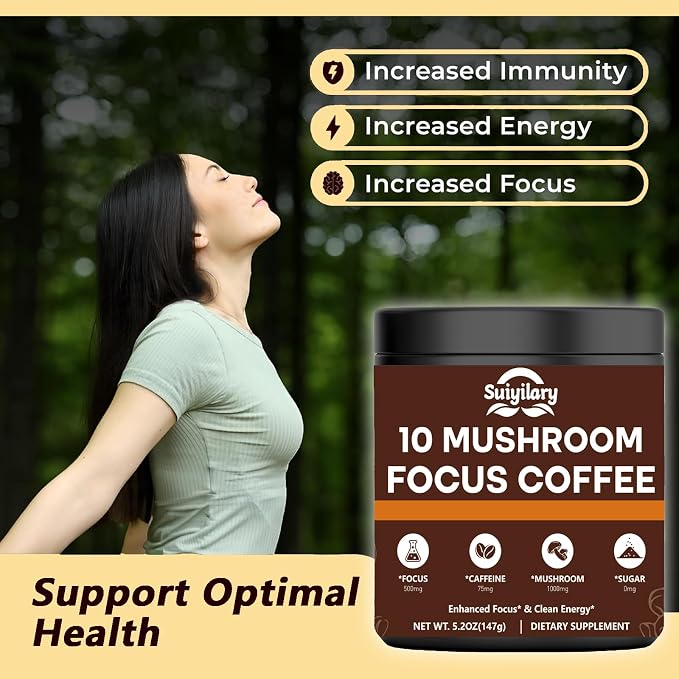 Suiyilary Mushroom Coffee with Focus, 10 Mushroom Extract Powder Blend Lion's Mane, Brain Supplements with Instant Coffee for Energy, Focus, Memory and Immunity 147g 21 Serving