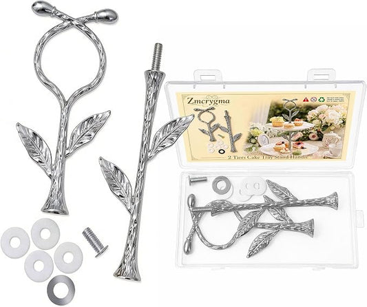 2 Tier Silver Cake Stand Tiered Tray Hardware Kit,Dessert Plate Hardware | Metal Heavy Duty Dessert Fruit Plate Holder Parts with Vine pattern Decor for Wedding Party