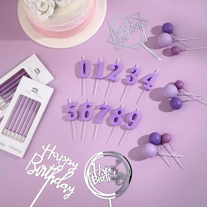 Yerliker 34 Pcs Happy Birthday Cake Toppers Decorations Birthday Candles DIY Cake Decor for Men Women Wedding Anniversary(Purple)