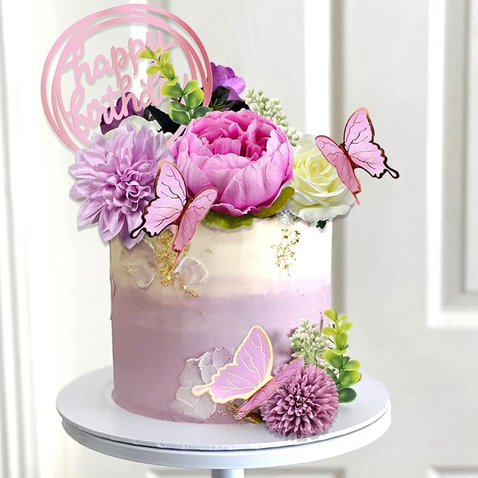 14 PCS Butterfly Cake Toppers Happy Birthday Cake Decorations with Artificial Purple Flowers Eucalyptus Butterflies for Girls Birthday Party Wedding Baby Shower Supplies (Purple)