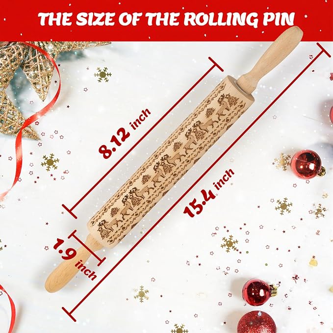 Stocking Stuffers Gifts for Women, Wooden Embossed Rolling Pin for Baking, Deep Engraved Embossing Rolling Pins with Christmas Elk Deer Pattern Designs for Baking Cookies Stamps Roller, DIY Tools