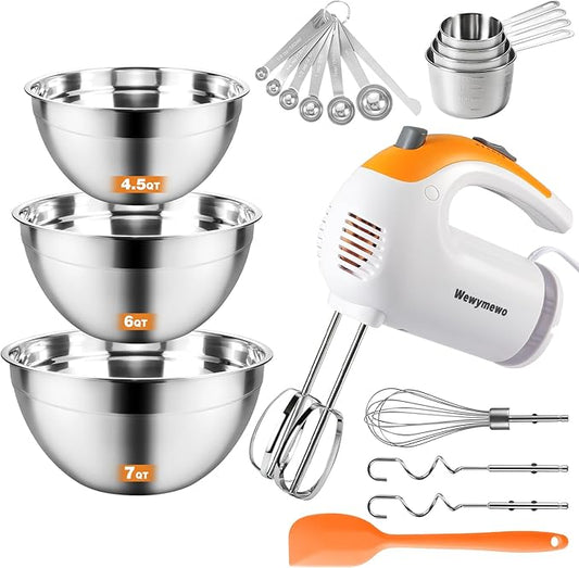 300W 5-Speed Electric Hand Mixer with 3 Thickened Nesting Mixing Bowls, Measuring Cups and Spoons, Complete Kitchen Cake Mixer with Paddle, Dough Hook and Whisk for Baking