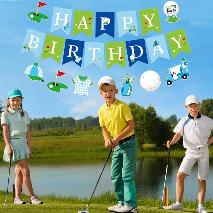 Zwiebeco Blue Green Golf Happy Birthday Banner Bunting Garland Hanging Paper Party Decorations for Boys Girls Mens Womens Adults Golf Sports Themed Bday Decor Accessories Supplies