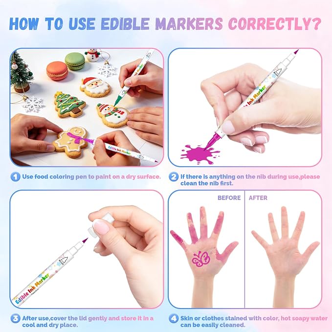 Food Coloring Marker Pens,12Pcs Dual Sided Food Grade and Edible Markers with Fine&Thick Tip,Edible Pen Gourmet Writers for Decorating Cake,Cookies,Fondant,Frosting,Easter Eggs,Painting,Drawing,Baking( For 12+ Year Old)