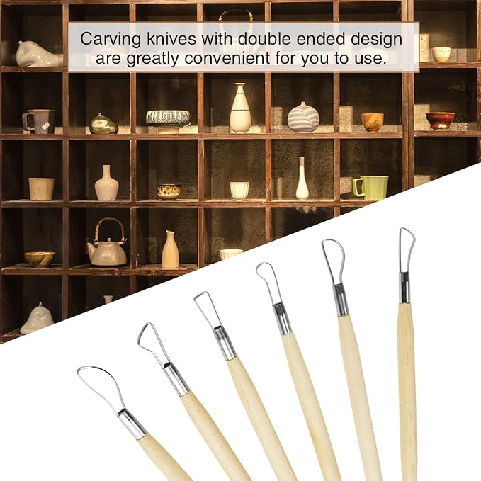 Culnflun Double Sided Clay Sculpting Tools, 6Pcs Wooden Handle Ribbon Clay Modeling Tools Ceramic Pottery Ribbon Sculpting Shaping Craft Kit for Fondant, Cake, Ceramic, Dough