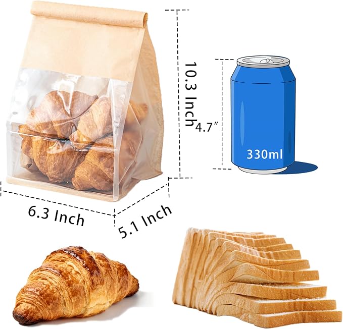 100 Pcs Bread Bags for Homemade Breads with Window, 6.3 x 5.1 x 10.3 Inch Tin Tie Tab Lock Resealable Bakery Loaf Bags for Packaging Sourdough Bread, Cookies, Bagels, Pastry