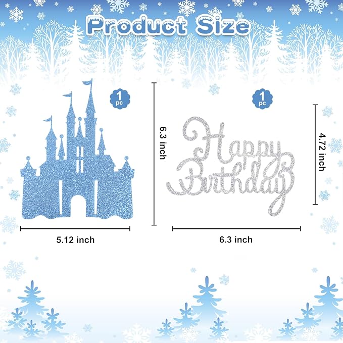 2Pcs Blue Castle Cake Toppers Princess Cake Decorations Princess Theme Birthday Castle Party Picks for Winter Wonderland Party Supplies Frozen Theme Party Decor