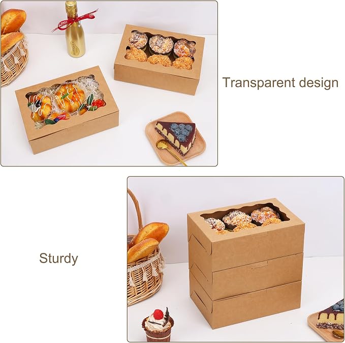 Moretoes 10pcs Bakery Boxes, 9x6x3 Inch Brown Cookie Boxes with Window,Pastry Containers for Chocolate Covered Strawberries, Candy, Muffins, Donuts