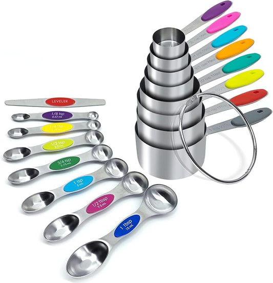 16PCS Magnetic Measuring Spoons and Measuring Cups Set, 7 Double-Sided Spoons& 1 Leveler and 8 Measuring Cups, Multicolor, Stainless Steel, Fits Spice Jars, Large Capacity Measurement