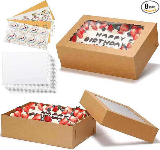 COTOPHER 14x10x4 In Sheet Cake Boxes, 16 Pcs Brown Bakery Boxes with Large Window (8 Boxes & 8 Boards), Cake Containers for Quarter Cakes, Donuts, Cupcakes, Brownie, Pastry & Pies Packaging