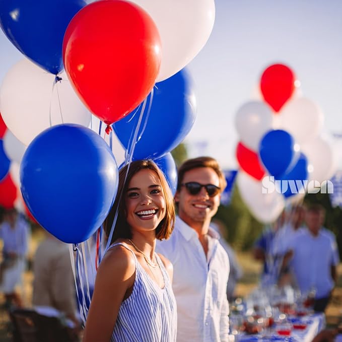 SUWEN Red White and Blue Balloons, 60pcs 12 inch Red White and Blue Decorations Latex Balloons for Independence Day July Patriotic Birthday Anniversary Veterans Party Decorations