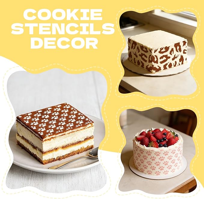25 Pcs Cookie Stencils for Baking, Honeycomb Mermaid Scale Leopard Tiger Snake Texture & Dog Paw Print Patterns, Royal Icing Airbrush Cake Stencils for DIY Desserts & Party Crafts Reusable