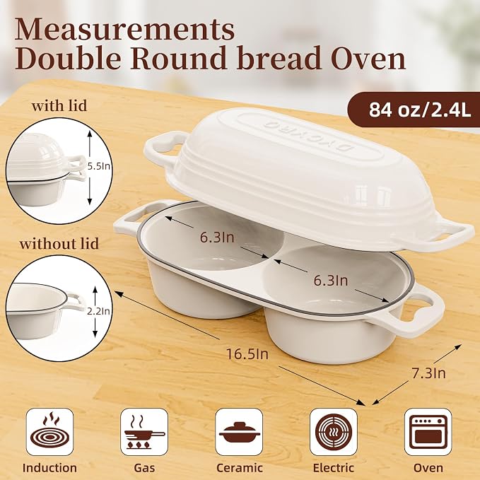 Dutch Oven For Sourdough Bread Baking – Enameled Cast Iron Dutch Oven Pot with Lid, Double Bread Loaf Pan – 500°F Oven Safe Non Stick Bread Pot for Homemade Bread, Meatloaf, Cake–Round Loaf Space, Even Heating– Cream White