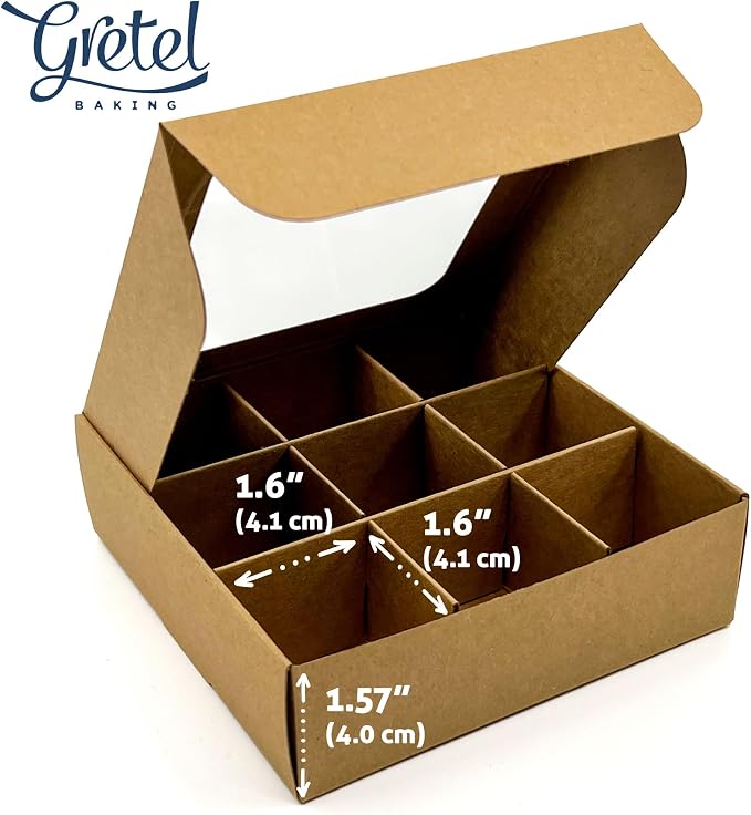 20pcs Kraft Treat Boxes with Window and Dividers | 9 X-SMALL compartments | 5 x 5 x 1.57 in | Empty candy boxes for gift giving, truffle box - perfect for Valentine's Day