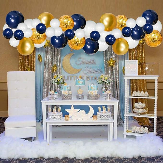 Navy Blue Gold Balloons Garland Kit, 120 pcs Navy and Gold Confetti White Balloons Arch for Graduation Birthday Party Baby Shower DIY Decoration