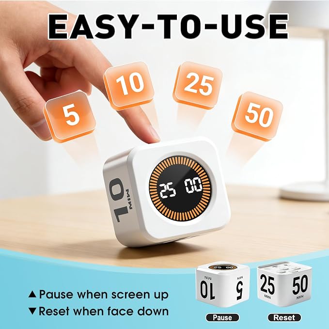 Pomodoro Timer Cube for Productivity — 5/25/10/50 Minutes Preset, Digital Gravity Sensor Desk Visual Timer for ADHD, Silent Mode, Ideal for Office, Study, Kitchen & Kids (White)