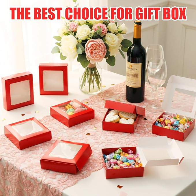 Zonon 30 Pcs Kraft Paper Boxes with Window 4.13 x 4.13 x 1.18 Inch Candy Packaging, Small Gift Boxes, Soap holder, Mini Treat Packaging for Bakery Chocolate Jewelry Display (Red)