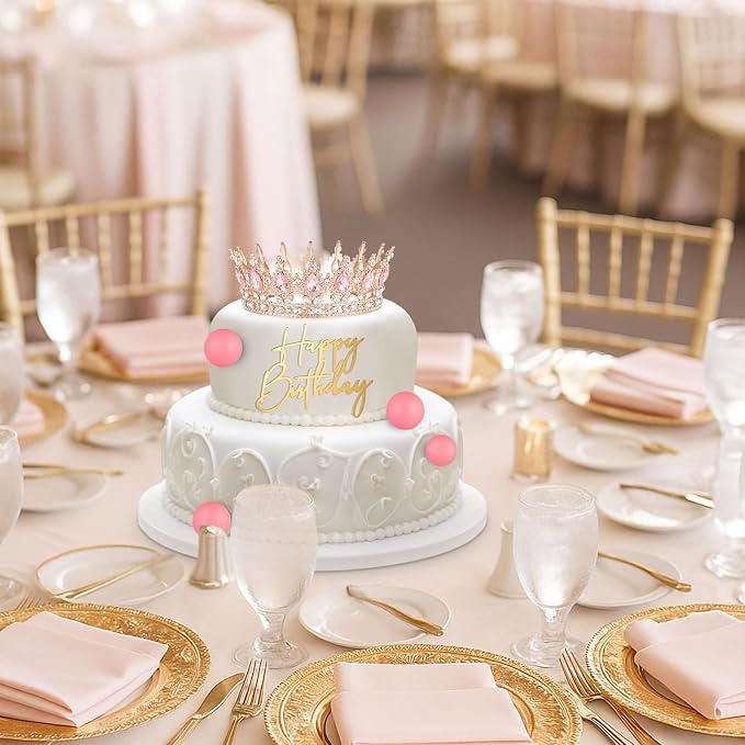 8 Pcs Pink Queen Crown Cake Topper for Women, Happy Birthday Cake Toppers Foam Balls Rhinestone Crystal Tiara Wedding Decoration for Princess Party Photo Props
