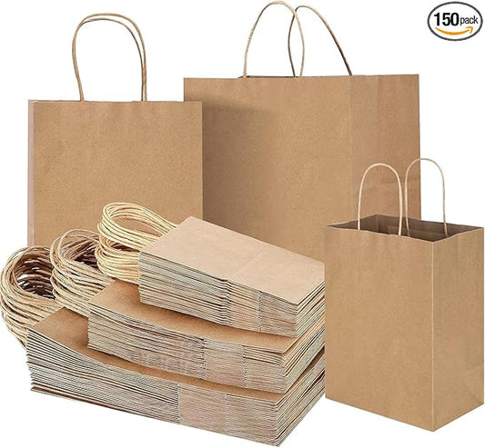 COGLARING 150Pcs Brown Kraft Paper Bags with Handles - Bulk Assorted Sizes for Retail, Takeout, Bakery & Party Favors | Durable Shopping & Gift Bags for Merchandise, Small Business