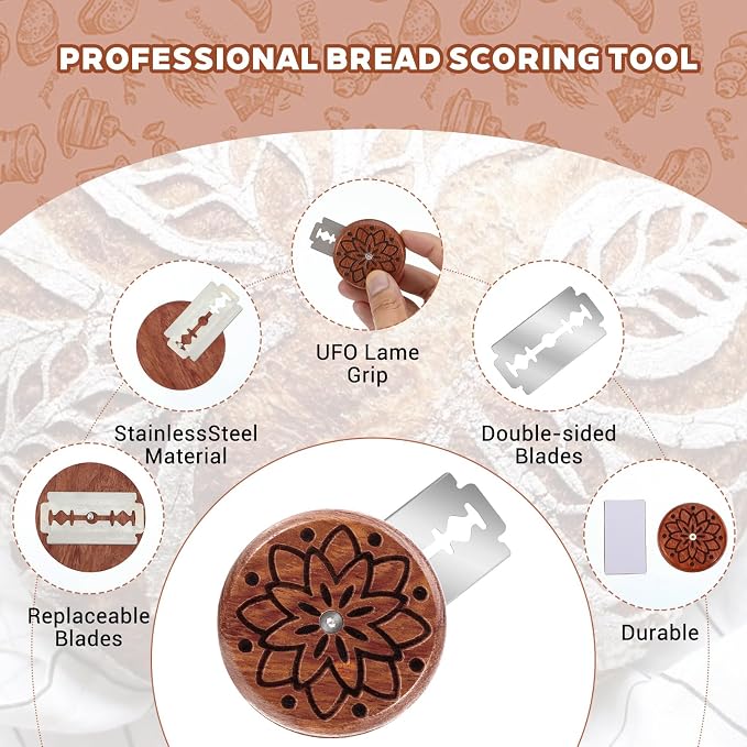 Gjinxi Bread Lame Sourdough Scoring Tool, Wooden Dough Scoring Knife with 5 Razor Blades, Ergonomic UFO Bread Lame Knives Sourdough Razor Scorer Breads Bakers Slashing Baking Tool
